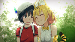 Rule 34 | 10s, 2girls, :3, animal ears, backlighting, bare shoulders, black hair, blonde hair, blurry, blurry background, blush, bow, bowtie, breasts, bucket hat, chromatic aberration, day, elbow gloves, closed eyes, gloves, hat, hat feather, highres, kaban (kemono friends), kemono friends, kemuri haku, light rays, looking at another, multiple girls, nature, one eye closed, open mouth, outdoors, red shirt, safari hat, serval (kemono friends), serval print, serval tail, shirt, short hair, shoulder-to-shoulder, sleeveless, small breasts, smile, sunbeam, sunlight, t-shirt, tail, tree shade, upper body, yuri