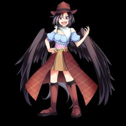 Rule 34 | 1girl, ashiroku (miracle hinacle), black background, black legwear, black wings, boots, brown footwear, commentary request, cowboy hat, feathered wings, hair between eyes, hand on own hip, hat, knee boots, kurokoma saki, looking at viewer, neckerchief, open mouth, puffy short sleeves, puffy sleeves, red eyes, short hair, short sleeves, skirt, solo, standing, touhou, white neckerchief, wings