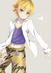Rule 34 | 1boy, aged down, blonde hair, child, child gilgamesh (fate), fate/grand order, fate/hollow ataraxia, fate (series), gilgamesh (fate), male focus, midriff, red eyes, short hair, simple background, smile, solo, takayu kashiki, white background