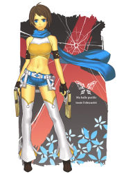 Rule 34 | 1girl, adapted costume, arcia rinslet, armband, bare shoulders, belt, blue eyes, blue scarf, brown hair, capcom, chaos legion, dual wielding, fingerless gloves, french text, frown, gloves, gun, handgun, holding, k+, midriff, navel, scarf, short hair, shorts, solo, thighhighs, translated, weapon