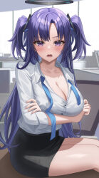 Rule 34 | 1girl, absurdres, blue archive, breasts, cleavage, highres, large breasts, looking at viewer, mella (mell a12), office lady, open mouth, pleated skirt, purple eyes, purple hair, shirt, sitting, skirt, solo, white shirt, yuuka (blue archive)