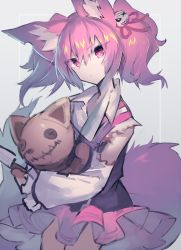 Rule 34 | 1girl, animal ear fluff, animal ears, arknights, bow, burnt clothes, doll, fox ears, fox tail, hair ornament, highres, holding, holding doll, holding knife, knife, looking at viewer, one-hour drawing challenge, pink bow, pink eyes, pink hair, pink ribbon, pink skirt, ribbon, sasa onigiri, shamare (arknights), sketch, skirt, solo, standing, tail, twintails, voodoo doll
