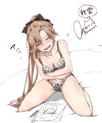 Rule 34 | 10s, 1girl, admiral (kancolle), akigumo (kancolle), blush, bra, breasts, brown hair, character name, cleavage, drawing, closed eyes, full body, hair ribbon, kantai collection, laughing, navel, open mouth, panties, paper, pencil, plaid, plaid bra, plaid panties, ponytail, ribbon, rizzl, signature, simple background, sitting, solo, tearing up, translated, underwear, underwear only, wariza, white background