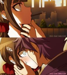 Rule 34 | 1boy, 1girl, artist name, blush, brown hair, close-up, commentary, criis-chan, danganronpa (series), danganronpa v3: killing harmony, food, from side, green eyes, hair ornament, hair scrunchie, hairclip, hand on another&#039;s chin, harukawa maki, hetero, kiss, long hair, looking at another, lowres, momota kaito, pocky, profile, scrunchie, sweatdrop, twintails, watermark, web address, wide-eyed