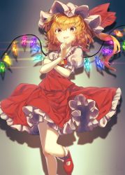 Rule 34 | 1girl, :d, ascot, blonde hair, blush, commentary, crystal, dated, drop shadow, fang, feet out of frame, flandre scarlet, frilled shirt collar, frills, grey background, hair between eyes, hand up, hat, hat ribbon, highres, index finger raised, kisamu (ksmz), long hair, looking at viewer, mary janes, mob cap, one side up, open mouth, petticoat, puffy short sleeves, puffy sleeves, red eyes, red footwear, red ribbon, red skirt, red vest, ribbon, shirt, shoes, short sleeves, signature, skirt, skirt set, smile, socks, solo, standing, standing on one leg, touhou, vest, white hat, white shirt, white socks, wings, yellow ascot