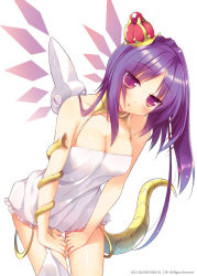 Rule 34 | 1girl, :o, bare shoulders, blush, breasts, cleavage, cowboy shot, crown, dress, galaxy dungeon, hands on thighs, head tilt, jitome, leaning forward, long hair, looking at viewer, mechanical wings, mini crown, purple eyes, purple hair, sazaki ichiri, solo, strapless, strapless dress, tail, white background, white dress, wings