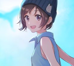 Rule 34 | 1girl, :d, bare shoulders, beanie, black hat, blue shirt, blue sky, blush, brown eyes, brown hair, collared shirt, day, from side, hat, hat ornament, highres, looking at viewer, morikura en, open mouth, original, outdoors, round teeth, shirt, short hair, sky, sleeveless, sleeveless shirt, smile, solo, teeth, upper body, upper teeth only, wing collar