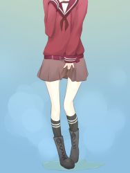 Rule 34 | 1girl, azukilib, belt, black footwear, black socks, blue background, boots, brown skirt, female focus, flat chest, gradient background, hand on own chest, hand up, head out of frame, heel up, kantai collection, kneehighs, legs, long sleeves, mikuma (kancolle), miniskirt, neckerchief, peeing, peeing self, pleated skirt, puddle, red neckerchief, red sailor collar, red serafuku, red shirt, sailor collar, school uniform, serafuku, shirt, shirt tucked in, simple background, skirt, socks, solo, standing, steam, straight-on, thigh gap, thighs, wet, wet clothes, wet skirt, wet socks