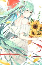 Rule 34 | 1girl, absurdres, ahoge, balloon, bouquet, buri (retty9349), dress, flower, frilled dress, frills, from behind, green eyes, green hair, hair ornament, hair ribbon, hatsune miku, highres, holding, holding flower, leaf, long hair, looking at viewer, looking back, parted lips, petals, red ribbon, ribbon, simple background, solo, standing, sunflower, twintails, very long hair, vocaloid, white background, white dress