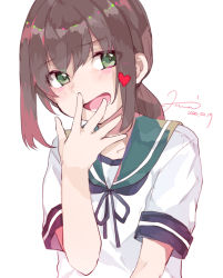 Rule 34 | 1girl, black hair, blue neckerchief, blue sailor collar, covering own mouth, dated, fubuki (kancolle), green eyes, heart, hiroi09, kantai collection, long hair, looking at viewer, low ponytail, neckerchief, ponytail, sailor collar, sailor shirt, shirt, short ponytail, sidelocks, signature, simple background, smile, solo, upper body, white background, white shirt