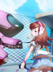 Rule 34 | 10s, 1girl, 2016, absurdres, arm cannon, ass, blue skirt, blue sky, breasts, brown eyes, brown hair, cellphone, charm (object), cloud, cowboy shot, d.va (overwatch), dated, day, eyelashes, facepaint, facial mark, fence, food, from behind, gatling gun, gun, headphones, heart, heart-shaped pupils, highres, holding, holding phone, legs apart, long hair, looking at viewer, mecha, medium breasts, meka (overwatch), mouth hold, overwatch, overwatch 1, panties, pantyshot, phone, pink lips, popsicle, robot, shirt, short sleeves, signature, skirt, sky, smartphone, solo, standing, symbol-shaped pupils, underwear, weapon, whisker markings, white panties, wristband