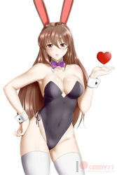 Rule 34 | 1girl, :o, alternate costume, animal ears, bare arms, bare shoulders, black leotard, blush, bow, bowtie, breasts, brown eyes, brown hair, cleavage, collarbone, covered navel, detached collar, fake animal ears, female focus, hair between eyes, hand on own hip, hand up, heart, highres, kimmy77, leotard, long hair, looking at viewer, medium breasts, neck, patreon username, playboy bunny, purple bow, purple bowtie, rabbit ears, rabbit girl, rwby, shiny skin, simple background, smile, solo, standing, strapless, strapless leotard, thighhighs, velvet scarlatina, watermark, web address, white background, white thighhighs, wrist cuffs