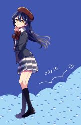 Rule 34 | 1girl, beret, blazer, blue background, blue hair, dated, from side, full body, hair between eyes, hand on own chin, hat, heart, jacket, long hair, looking at viewer, love live!, love live! school idol festival, love live! school idol project, okanoyuno, pleated skirt, school uniform, simple background, skirt, solo, sonoda umi, standing, yellow eyes