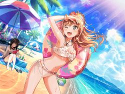 Rule 34 | 10s, 2girls, armpits, artist request, bang dream!, beach, bikini, blush, breasts, brown hair, cleavage, cloud, earrings, green eyes, imai lisa, jewelry, large breasts, lifebuoy, light rays, long hair, multiple girls, ocean, official art, one eye closed, outdoors, ponytail, sand, shirokane rinko, sky, smile, sparkle, standing, swim ring, swimsuit, water, wink