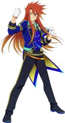 Rule 34 | 1boy, black footwear, buttons, commentary, english commentary, full body, gloves, green eyes, hair between eyes, highres, idol, idolmaster, idolmaster side-m, long hair, luke fon fabre, male focus, multicolored hair, necktie, official art, orange hair, pride star (idolmaster side-m), red hair, shoes, sidelocks, smile, solo, tales of (series), tales of asteria, tales of the abyss, teeth, transparent background, white gloves