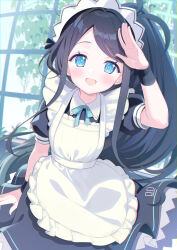 Rule 34 | 1girl, apron, aris (blue archive), aris (maid) (blue archive), black dress, black hair, blue archive, blue eyes, blush, commentary, dress, halo, highres, long hair, looking at viewer, maid, maid apron, maid headdress, official alternate costume, open mouth, ponytail, short sleeves, solo, very long hair, white apron, yunosuke kon