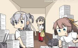 Rule 34 | 2others, 3girls, alternate costume, black hair, brown eyes, brown hair, chou-10cm-hou-chan (suzutsuki&#039;s), clothes writing, commentary request, dated, grey eyes, hair ribbon, hairband, hallway, hamu koutarou, haruna (kancolle), headband, headgear, highres, kantai collection, kazagumo (kancolle), long hair, multiple girls, multiple others, one side up, pants, paper stack, ponytail, purple pants, red pants, ribbon, shirt, grey eyes, silver hair, suzutsuki (kancolle), t-shirt, track pants, translation request, white headband, white shirt