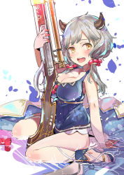 Rule 34 | 10s, 1girl, bad id, bad pixiv id, bare shoulders, breasts, cleavage, draph, granblue fantasy, gun, horns, kneeling, kumuyu, large breasts, partially submerged, rifle, silver hair, solo, swimsuit, tajima ryuushi, water, weapon, yellow eyes