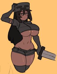 Rule 34 | 1girl, absurdres, black hair, blush stickers, breasts, cowboy shot, dark-skinned female, dark skin, doce, elbow gloves, female focus, gloves, hair between eyes, half-closed eyes, hat, highres, holding, holding weapon, large breasts, long hair, looking at viewer, midriff, minecraft, navel, personification, simple background, solo, sword, thighs, underboob, weapon, wither skeleton (minecraft)