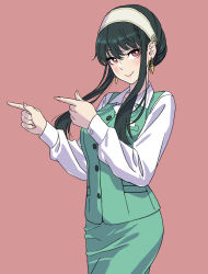 Rule 34 | 1girl, absurdres, blush, breasts, buttons, closed mouth, collared shirt, cowboy shot, earrings, finger gun, gold earrings, green skirt, green vest, hairband, highres, jewelry, long hair, long sleeves, looking at viewer, office lady, official alternate costume, pointing, pointing to the side, red background, red eyes, shirt, short hair with long locks, sidelocks, simple background, skirt, smile, solo, spy x family, uniform, vest, white hairband, white shirt, yamashita shun&#039;ya, yor briar