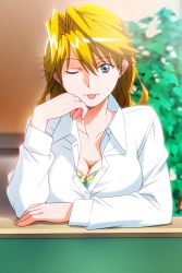 Rule 34 | 1girl, blonde hair, blue eyes, blurry, blurry background, breasts, christine garland, cleavage, desk, hair intakes, large breasts, long hair, long sleeves, looking at viewer, non-web source, official art, one eye closed, partially unbuttoned, photoshop (medium), shirt, solo, super real mahjong, tanaka ryou, tongue, tongue out, upper body, white shirt
