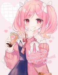 Rule 34 | 1girl, bag, blush, bow, cup, dress, drink, drinking straw, frills, hair bow, hair ornament, hairclip, hand on own chin, heart, highres, holding, holding drink, komomo (2899), long sleeves, looking at viewer, original, pink background, pink eyes, pink hair, plaid, red eyes, ribbon, smile, solo, twintails