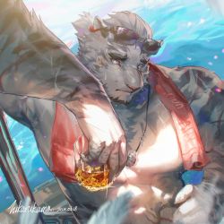 Rule 34 | 1boy, abs, absurdres, alternate costume, animal ears, arknights, bara, bare pectorals, beach, bird, black-framed eyewear, blue eyes, contemporary, cup, daylightallure, eyewear on head, from above, furry, furry male, hand on own hip, highres, holding, holding cup, jewelry, large pectorals, looking at viewer, male focus, mountain (arknights), muscular, muscular male, necklace, nipples, pectorals, pigeon, scar, scar across eye, scar on face, shell, shell necklace, short hair, solo, sparkle, stomach, summer, sunglasses, sunlight, thick eyebrows, tiger boy, tiger ears, towel, towel around neck, upper body, water, wet, white fur, white hair