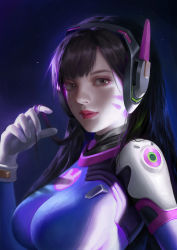 Rule 34 | 1girl, absurdres, blue bodysuit, bodysuit, breasts, brown hair, closed mouth, d.va (overwatch), facepaint, facial mark, gloves, grey eyes, headphones, highres, large breasts, long hair, looking at viewer, overwatch, overwatch 1, pilot suit, portrait, ribbed bodysuit, shoulder pads, skin tight, solo, whisker markings, white gloves, y xun
