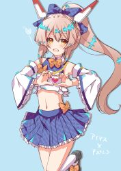 Rule 34 | 1girl, :d, absurdres, aqua background, ayanami (azur lane), azur lane, blue skirt, bow, commentary request, detached sleeves, hair between eyes, hair bow, hair ornament, hair ribbon, hairclip, headgear, heart, heart hands, highres, kneehighs, long hair, long sleeves, looking at viewer, midriff, mikuchi3939, navel, open mouth, orange eyes, pleated skirt, ponytail, retrofit (azur lane), ribbon, sidelocks, silver hair, simple background, skirt, smile, socks, solo, standing, standing on one leg, translation request, white socks, wide sleeves