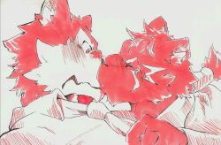 2boys animal_ears blush clothes_grab commentary_request facing_another furry furry_male highres kiss looking_at_another male_focus multiple_boys necktie necktie_grab neckwear_grab ponytail profile red_theme rouon_aro tiger_boy tiger_ears tiger_stripes tos_tos_f_ski utau wavy_mouth wolf_boy wolf_ears yamato_sumane yaoi