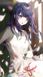 Rule 34 | 1girl, apron, artist name, blood, commentary request, grey sweater, highres, holding, holding knife, hoshino ai (oshi no ko), knife, light particles, long hair, mareru, murder, oshi no ko, parted lips, purple eyes, purple hair, red ribbon, ribbon, sidelocks, spoilers, stab, star-shaped pupils, star (symbol), sweater, symbol-shaped pupils, white apron