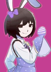 Rule 34 | 1girl, animal ears, black bow, black eyes, black hair, blouse, bob cut, bow, commentary, cotton 1186, easter, easter egg, egg, empty eyes, food, from side, hair bow, holding, holding egg, holding food, light smile, looking at viewer, monogatari (series), oshino ougi, pink background, polka dot, purple bow, purple skirt, rabbit ears, shirt, short hair, simple background, skirt, sleeves past wrists, smile, solo, striped, suspenders, upper body, white shirt
