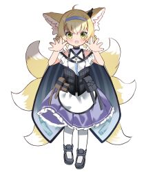Rule 34 | 1girl, ahoge, animal ears, arknights, bare shoulders, black footwear, blue hairband, blush, commentary request, dress, earpiece, fang, fox ears, fox girl, fox tail, frilled dress, frilled sleeves, frills, full body, green eyes, hair between eyes, hairband, hands up, highres, kitsune, kyuubi, looking at viewer, medium dress, moepu., multiple tails, off-shoulder dress, off shoulder, open mouth, pantyhose, purple dress, simple background, skin fang, solo, straight-on, suzuran (arknights), tail, white background, white pantyhose