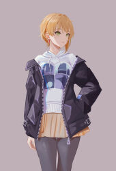 1girl absurdres asymmetrical_hair black_jacket blonde_hair earrings green_eyes hand_in_pocket highres hood hoodie idolmaster idolmaster_cinderella_girls jacket jacket_partially_removed jewelry miyamoto_frederica open_clothes open_jacket pantyhose qingli_ye short_hair skirt smile solo white_hoodie yellow_skirt