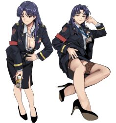 Rule 34 | 1girl, armband, beer can, black footwear, blue hair, breasts, can, cleavage, closed mouth, collared shirt, commentary request, cross, cross necklace, drink can, epaulettes, female focus, grey eyes, grey shirt, high-waist skirt, high heels, highres, holding, holding can, id card, invisible chair, jacket, jewelry, katsuragi misato, korean commentary, lace, lace-trimmed legwear, lace trim, lanyard, large breasts, leaning forward, legs, long sleeves, military jacket, military uniform, multiple views, necklace, neon genesis evangelion, nerv, open clothes, open jacket, parted bangs, partially unbuttoned, red armband, see-through, see-through legwear, shirt, simple background, sitting, skirt, smile, thighhighs, uniform, wani (perfect han), white background