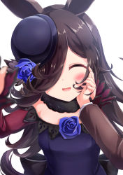 Rule 34 | 1girl, 1other, :d, ^ ^, absurdres, animal ears, blue dress, blue flower, blue headwear, blue rose, blush, bow, bowler hat, breasts, brown hair, closed eyes, dress, dress bow, dress flower, closed eyes, flower, fur collar, hair over one eye, hand on another&#039;s cheek, hand on another&#039;s face, hat, hat flower, hat over one eye, highres, horse ears, horse girl, horse tail, long hair, looking at viewer, off-shoulder dress, off shoulder, one eye covered, open mouth, pov, pov hands, purple eyes, rice shower (umamusume), rose, small breasts, smile, solo focus, tail, tilted headwear, umamusume, upper body, yukikawa sara