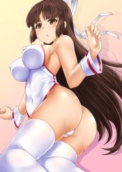 Rule 34 | 1girl, adapted costume, ass, blush, breasts, brown eyes, brown hair, commentary request, covered erect nipples, covered navel, cowboy shot, gradient background, hair ribbon, hime cut, hiyou (kancolle), kantai collection, large breasts, leotard, long hair, looking at viewer, looking back, lying, makumaxu, on side, open mouth, pink background, ribbon, ribs, sideboob, solo, thighhighs, twisted torso, white leotard, white ribbon, white thighhighs, wrist cuffs, yellow background