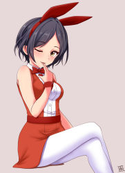 Rule 34 | 1girl, ;), akimeite ding dong dang!, animal ears, black hair, bow, bowtie, crossed legs, dress, fake animal ears, finger to mouth, grey background, hairband, hayami kanade, idolmaster, idolmaster cinderella girls, invisible chair, looking at viewer, momoda yasuhito, one eye closed, pantyhose, parted lips, rabbit ears, red bow, red bowtie, red dress, red hairband, short dress, short hair, simple background, sitting, sleeveless, sleeveless dress, smile, solo, white pantyhose, wrist cuffs, yellow eyes