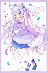 Rule 34 | 1girl, absurdres, animal ear fluff, animal ears, bad id, bad pixiv id, blue footwear, blue gemstone, blue headwear, blush, border, bow, closed mouth, commentary, dress, flower, frilled dress, frills, gem, hand up, high heels, highres, long hair, long sleeves, looking at viewer, original, pantyhose, pink bow, purple border, purple dress, purple eyes, purple hair, shoes, sleeves past wrists, solo, sparkle, striped clothes, striped headwear, symbol-only commentary, tsukiyo (skymint), vertical-striped clothes, vertical-striped headwear, very long hair, white background, white flower, white pantyhose