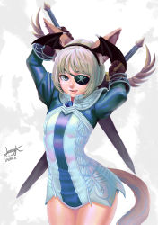 Rule 34 | 1girl, :q, animal ears, arms up, artist name, blue eyes, dress, dual wielding, elin, eyepatch, flat chest, fox ears, fox tail, gloves, head wings, highres, holding, lasterk, looking at viewer, original, short dress, short hair, silver hair, skull and crossbones, solo, strapless, strapless dress, sword, tail, tera online, tongue, tongue out, tube dress, weapon, wings