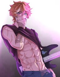 Rule 34 | 1boy, abs, absurdres, bass guitar, black nails, black tank top, blue eyes, blue pants, clothes lift, fishnet sleeves, fishnets, genshin impact, grey male underwear, guilty challenge (meme), hair between eyes, highres, instrument, male focus, male underwear, meme, muscular, muscular male, navel, oililylou, orange hair, pants, pimple, scar, shirt lift, short hair, solo, stomach, stomach tattoo, tank top, tartaglia (genshin impact), tattoo, underwear