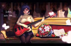Rule 34 | 1girl, bass guitar, bench, black cat, black pantyhose, blue hair, blue skirt, bouquet, breast press, breasts, bug, butterfly, candle, cat, company name, english text, fire, fire, flower, hair ornament, high collar, holding, holding instrument, insect, instrument, knees together feet apart, large breasts, long hair, long sleeves, looking at viewer, mole, mole under eye, mr.tendou, original, outdoors, pantyhose, parted lips, petals, pleated skirt, purple eyes, ribbed sweater, shade, sitting, skirt, solo, storefront, sweater, swept bangs, turtleneck