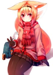 Rule 34 | 1girl, absurdres, animal ears, bag, blonde hair, blurry, can, depth of field, fox ears, fox tail, gloves, hairband, highres, looking at viewer, original, pantyhose, red eyes, scarf, short hair, simple background, sitting, skirt, smile, solo, sukemyon, tail, v, white background