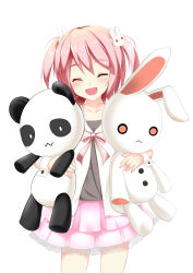 Rule 34 | 1girl, :3, absurdres, catstudioinc, catstudioinc (punepuni), closed eyes, collarbone, dress, hair ornament, highres, hugging doll, hugging object, o o, open mouth, original, panda, pink hair, rabbit hair ornament, shirt, simple background, skirt, smile, solo, stuffed animal, stuffed panda, stuffed rabbit, stuffed toy, twintails, white background, wrist cuffs