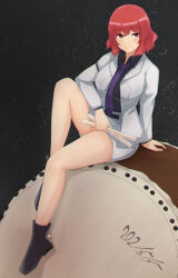 Rule 34 | 1girl, black background, black footwear, black shirt, breasts, closed mouth, collared shirt, commentary request, dated, drum, drumsticks, full body, highres, holding, holding drumsticks, horikawa raiko, instrument, jacket, large breasts, long sleeves, mani padme, necktie, purple necktie, red eyes, red hair, shirt, short hair, simple background, sitting, skirt, smile, solo, touhou, white jacket, white skirt