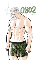 Rule 34 | 1boy, abs, bara, beard, boxers, cigar, facial hair, feet out of frame, green male underwear, highres, kokorozashi, large pectorals, male focus, male underwear, mature male, muscular, muscular male, navel, nipples, one piece, pectorals, print male underwear, scar, scar on chest, short hair, sideburns, smoke, smoker (one piece), smoking, solo, stomach, stubble, underwear, underwear only, white background, white hair