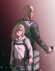 Rule 34 | 1boy, 1girl, absurdres, annie leonhart, back-to-back, blonde hair, blue eyes, breasts, commentary, elbow pads, facial hair, frown, goatee, height difference, highres, holding, hood, hoodie, medium breasts, reiner braun, serious, shingeki no kyojin, symbol-only commentary, three-dimensional maneuver gear, white hoodie, yanglao paopaoren