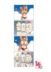 Rule 34 | 1girl, 3boys, arms behind head, bikini, black bikini, blonde hair, blue hair, blush, breasts, clenched hand, comic, doomcomic, eyebrows, fat, gaijin 4koma (meme), happy, heart, huge breasts, humor, large breasts, meme, multiple boys, navel, open mouth, original, parody, pink hair, plump, raised fist, smile, standing, swimsuit, thick thighs, thighs, wide hips