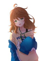 Rule 34 | 1girl, absurdres, amicia michella, antenna hair, blue jacket, blush, brown hair, brown hoodie, clothes writing, collarbone, commentary request, drawstring, green eyes, hair between eyes, highres, hood, hood down, hoodie, jacket, long hair, long sleeves, looking at viewer, nijisanji, nijisanji id, off shoulder, open clothes, open jacket, open mouth, print hoodie, puffy long sleeves, puffy sleeves, simple background, sleeves past fingers, sleeves past wrists, solo, tokisato, virtual youtuber, white background