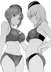 Rule 34 | 2girls, arms behind back, bow, bow panties, bra, breasts, closed mouth, cover, cover page, cowboy shot, garrison cap, girls und panzer, greyscale, hat, highres, itsumi erika, large breasts, looking at viewer, medium hair, monochrome, multiple girls, navel, nishizumi miho, panties, simple background, smile, stomach, sutahiro (donta), underwear